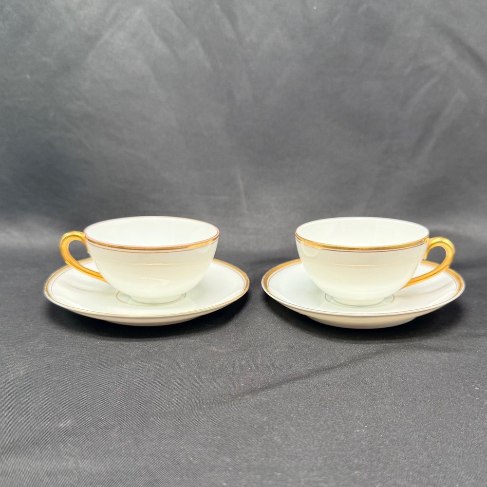 Pair Vintage Sevres Bavaria Porcelain Demitasse Cup Saucer Set Gold Gilt White